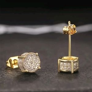 MENS ICED OUT CUBAN ROUND GOLD STUD EARRINGS NEW